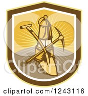 Clipart Of A Retro Woodcut Mining Lantern Shovel And Pickaxe In A Sunny Shield Royalty Free Vector Illustration