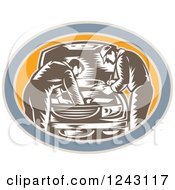 Poster, Art Print Of Retro Woodcut Car Mechanics Working On An Engine In An Oval
