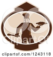 Poster, Art Print Of Retro Woodcut Male Chef Holding Food On A Platter In An Oval
