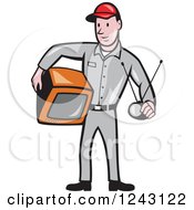 Poster, Art Print Of Cartoon Male Television Technician Holding A Tv And Antenna