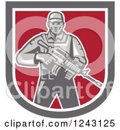 Poster, Art Print Of Retro Male Soldier Holding An Assault Rifle In A Shield