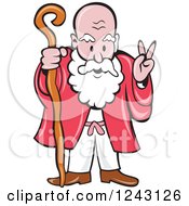 Poster, Art Print Of Cartoon Bearded Old Man Gesturing Peace And Holding A Cane