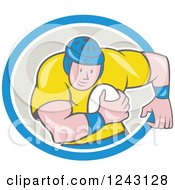 Poster, Art Print Of Cartoon Male Rugby Player Running With A Ball In An Oval