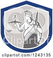 Clipart Of A Retro Lady Justice With A Sword And Scales In A Shield Royalty Free Vector Illustration