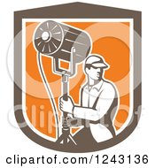 Poster, Art Print Of Retro Male Stage Worker Moving A Lighting Stand In A Shield