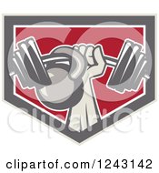 Clipart Of A Retro Weightlifter Hand With A Barbell And Kettlebell In A Shield Royalty Free Vector Illustration