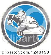 Poster, Art Print Of Retro Male Arborist Starting Up A Chainsaw In A Blue Circle