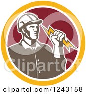 Retro Male Electrician Holding A Bolt In A Red And Yellow Circle