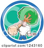 Cartoon Male Gardener Or Landscaper Carrying A Tree In A Circle