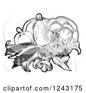 Clipart Of Black And White Fresh Vegetables Royalty Free Vector Illustration by AtStockIllustration