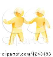 Clipart Of 3d Gold Men Shaking Hands And One Gesturing Royalty Free Vector Illustration
