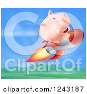 Poster, Art Print Of 3d Piggy Bank Riding A Rocket Over A Valley