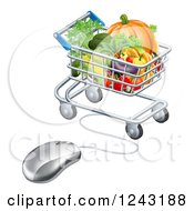 Poster, Art Print Of 3d Online Grocery Shopping Icon Of A Computer Mouse And Cart Of Produce