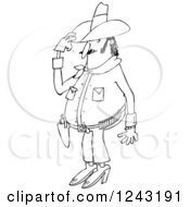 Clipart Of A Black And White Chubby Cowboy Tipping His Hat Royalty Free Vector Illustration