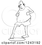 Clipart Of A Black And White Chubby Man In Swim Trunks Dipping His Toe In Water Royalty Free Vector Illustration