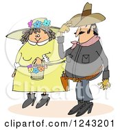 Poster, Art Print Of Cowboy And Chubby Caucasian Woman In A Spring Bonnet Couple
