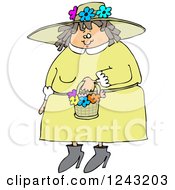 Chubby Caucasian Woman In A Green Dress And Spring Flower Bonnet