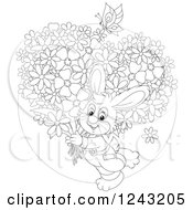 Poster, Art Print Of Black And White Happy Bunny Rabit Carrying Flowers