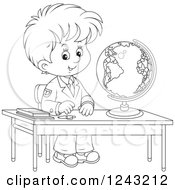 Poster, Art Print Of Black And White School Boy With A Globe At A Desk