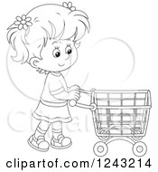Clipart Of A Black And White Girl Pushing A Shopping Cart Royalty Free Vector Illustration