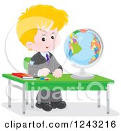 Poster, Art Print Of Blond Caucasian School Boy With A Globe At A Desk