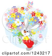 Poster, Art Print Of Happy Gray Bunny Rabit Carrying Flowers
