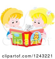 Poster, Art Print Of Happy Caucasian Boy And Girl Reading A Story Book To Their Cat