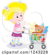 Poster, Art Print Of Blond Caucasian Girl Pushing A Shopping Cart Full Of Toys