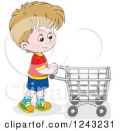 Poster, Art Print Of Caucasian Boy Pushing A Shopping Cart
