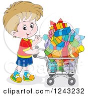 Caucasian Boy Pushing A Shopping Cart Full Of Presents