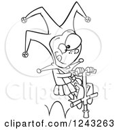 Clipart Of A Black And White Cartoon Boy Joker On A Pogo Stick Royalty Free Vector Illustration