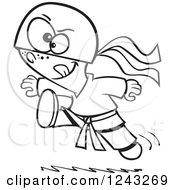 Clipart Of A Black And White Cartoon Boy Ninja Jumping And Kicking Royalty Free Vector Illustration