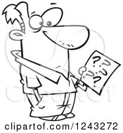 Clipart Of A Black And White Cartoon Man Holding A Questionaire Royalty Free Vector Illustration
