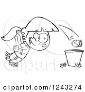 Black And White Cartoon Girl Tossing Garbage In The Trash