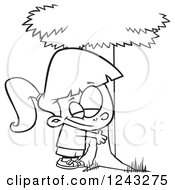 Clipart Of A Black And White Cartoon Girl Hugging A Tree Royalty Free Vector Illustration by toonaday