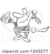Clipart Of A Black And White Cartoon Celebrating Pirate With Poison And A Sword Royalty Free Vector Illustration