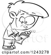 Clipart Of A Black And White Cartoon Boy Counting His Allowance Money Royalty Free Vector Illustration