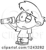 Poster, Art Print Of Black And White Cartoon Boy Inspecting A Dim Flashlight