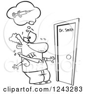 Clipart Of A Black And White Cartoon Man Afraid Of Needles Approaching A Doctors Office Royalty Free Vector Illustration by toonaday