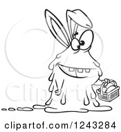 Clipart Of A Black And White Cartoon Monster Easter Bunny Rabbit Holding A Basket Royalty Free Vector Illustration