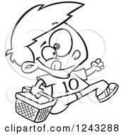 Clipart Of A Black And White Cartoon Boy Running With An Easter Basket Royalty Free Vector Illustration