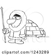 Black And White Cartoon Eskimo Hunter Man By An Igloo