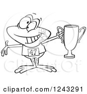 Poster, Art Print Of Black And White Cartoon Winner Frog Holding Up A Trophy