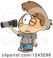 Clipart Of A Cartoon Caucasian Boy Inspecting A Dim Flashlight Royalty Free Vector Illustration