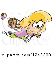 Poster, Art Print Of Cartoon Caucasian Girl Running With Eggs In An Easter Basket
