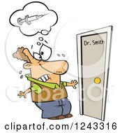 Poster, Art Print Of Cartoon Caucasian Man Afraid Of Needles Approaching A Doctors Office