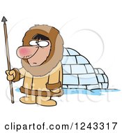 Cartoon Eskimo Hunter Man By An Igloo