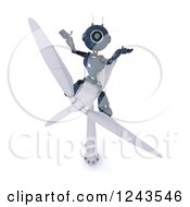 Clipart Of A 3d Blue Android Robot Sitting On A Wind Turbine Royalty Free Illustration