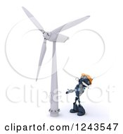 Poster, Art Print Of 3d Blue Android Robot Technician Working On A Wind Turbine