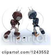 Clipart Of 3d Red And Blue Android Robots Playing Hockey 3 Royalty Free Illustration